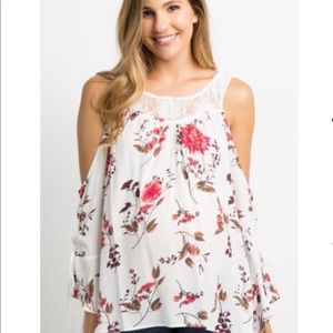 PinkBlush White floral lace up cold shoulder top